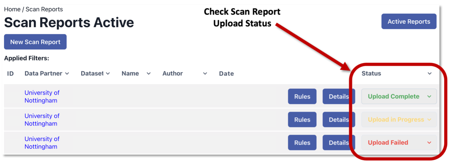 Example of CARROT tool Scan Report Status page